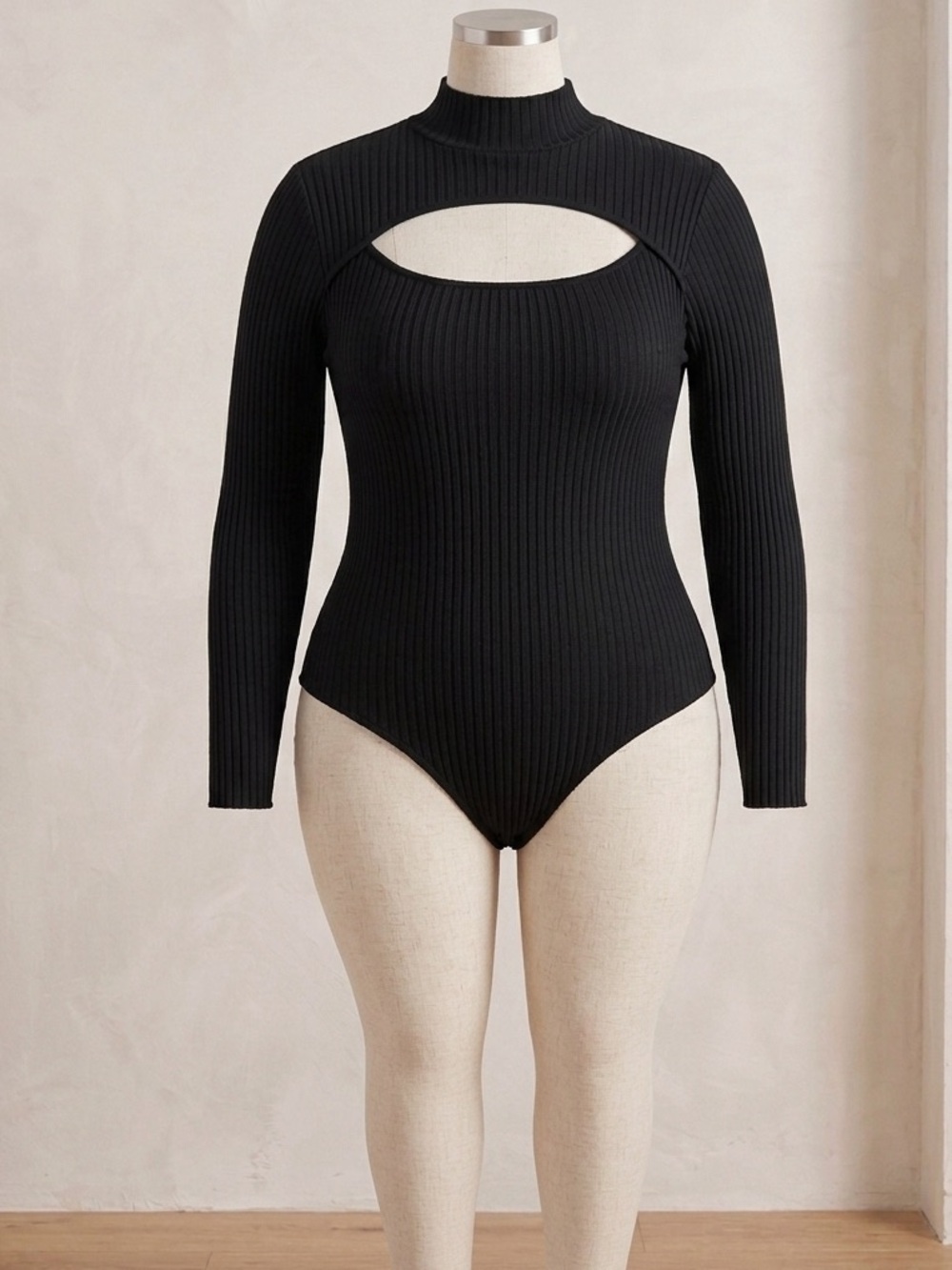 Fashion Nova Black Ribbed Cutout Mock Neck Bodysuit